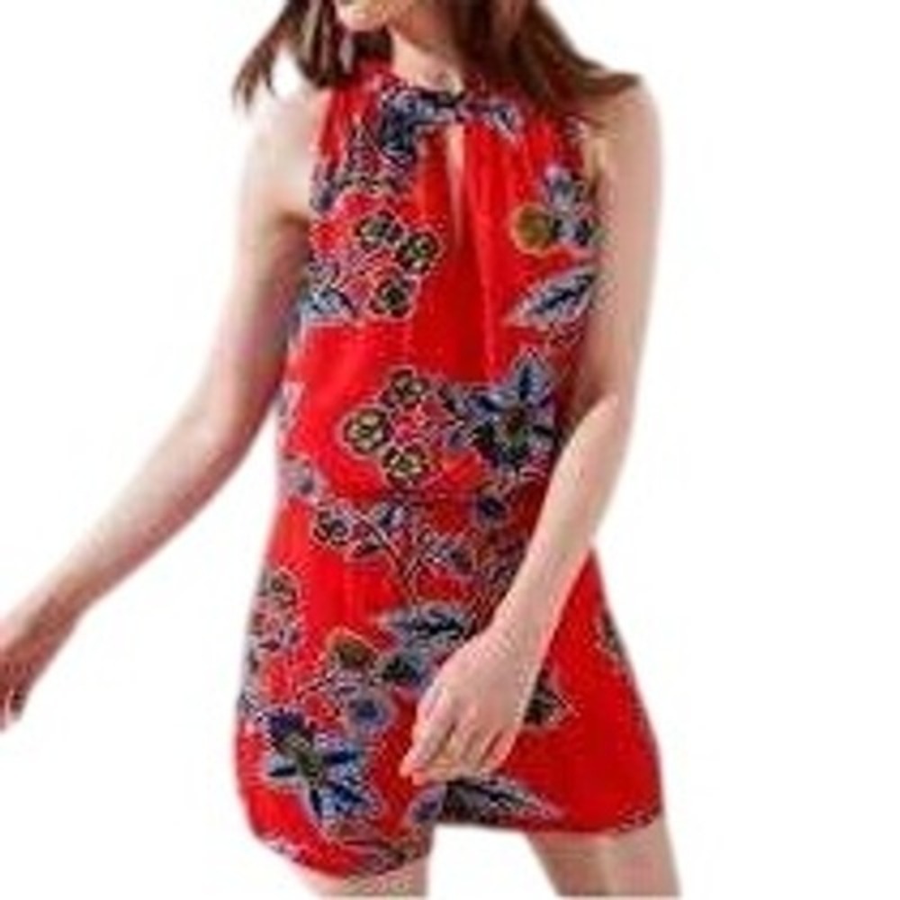LOFT Petites Red Floral Ruffle Neck Sleeveless Romper Size SP - Picture 1 of 15